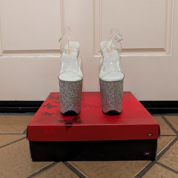 NIB Pleaser Flamingo 808-LG Silver Glitter Platform Stiletto Pole Dance Heels - Picture 3 of 12